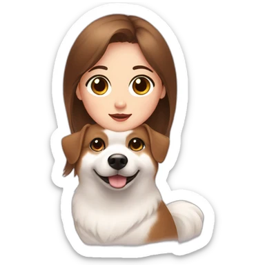 A girl with brown hair and brown eyes with a white pomerania with a black spot in the eye  sticker