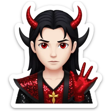 Lucifer from The Bible with red skin, long black hair, black sequin outfit sticker