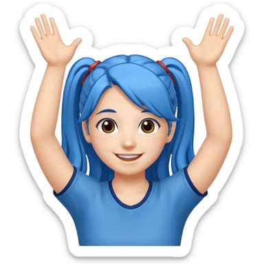 long blue hair girl in pig tails with brown eyes arms up celebrating sticker