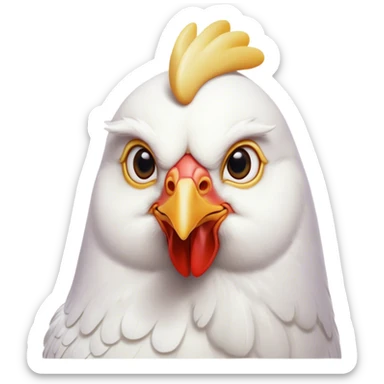 Cinematic Noble White Chicken Portrait Emoji, Poised and regal, with a compact, sturdy build and a pristine, well-groomed pure white plumage, deep-set soulful beady eyes, Simplified yet sharp and sophisticated features, highly detailed, glowing with a soft, dignified glow, high shine, intelligent and alert, stylized with an air of barnyard elegance, focused and attentive, soft glowing outline, capturing the essence of a watchful and confident fowl, so majestic it feels as though it could strut out of the screen with effortless authority! sticker