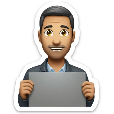 man holding a board saying scan me sticker