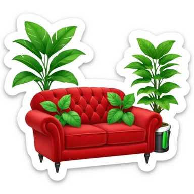 red velvet couch with a mic in front and a houseplant in the background sticker