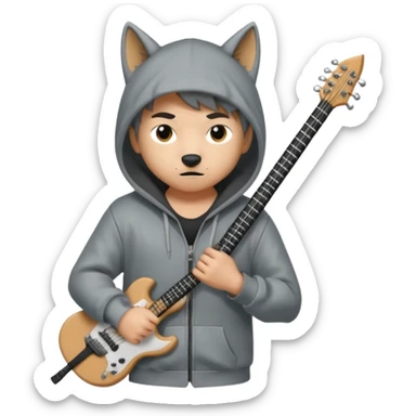 Wolf Cut boy wearing hoodie with a katana on his back and a guitar behind him sticker