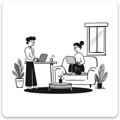 escenary 3d of a cozy mid-century living room with two people working on laptops, one man standing at a desk, and one woman sitting on a couch sticker