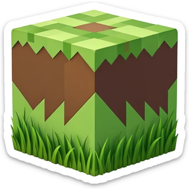 Minecraft grass block, square shape, brown and green, smooth, isometric sticker