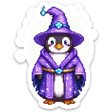 Penguin wizard with purple robe and blue magical sparkles sticker