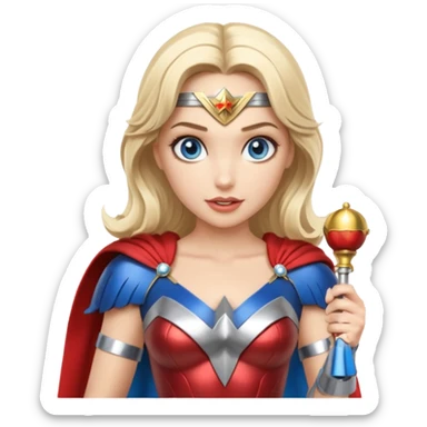 Blonde blue eyes Wonder Woman holding bell and short, thin, white baton sticker
