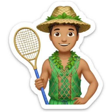 Hawaiian man with leaf hat and big net racket and colorful cloth sticker