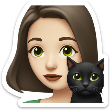 A teenage girl with white skin, she have some green hazel eyes, red lipstick, mid long straight dark brown hair, she have an eyeliner and she is holding a black cat in her arms, view from close sticker
