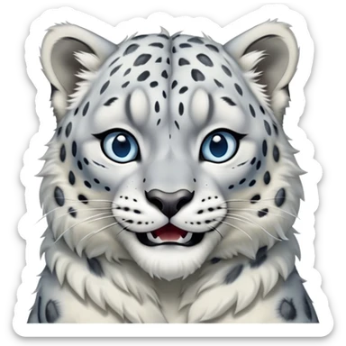 Cinematic-Comical-Snow-Leopard-Portrait-Emoji – Head tilted dramatically with an exaggeratedly amused expression, featuring a thick, spotted white-and-grey coat with a dense ruff around the neck, wide, piercing icy blue eyes filled with playful disbelief zoomed out showing the shoulders sticker