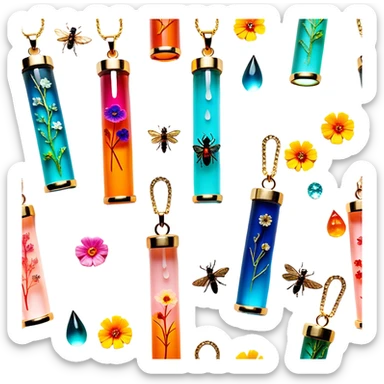 Create an icon that represents decorative arts using epoxy resin. The design should feature colorful tubes of resin, including fluorescent resin tubes, with visible drops or strokes of resin being applied to create intricate designs. Include finished resin jewelry pieces, such as pendants or rings, containing preserved flowers and insects encased in clear resin. The composition should feel vibrant, artistic, and delicate, showcasing the unique beauty of resin art with natural elements. The background should be transparent sticker
