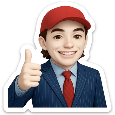 Change the skin tone to white. Maintain the 60% realistic emoji style of a smiling man in a pinstripe suit and red cap, giving a thumbs up. Transparent background. sticker