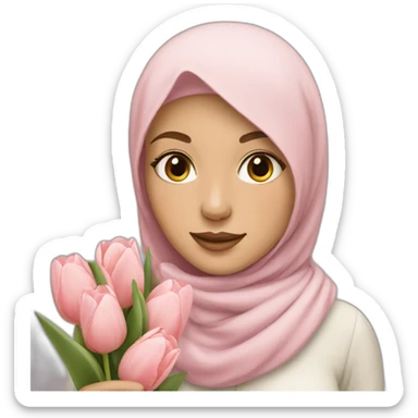 white girl with pastel hijab holding tulips sticker