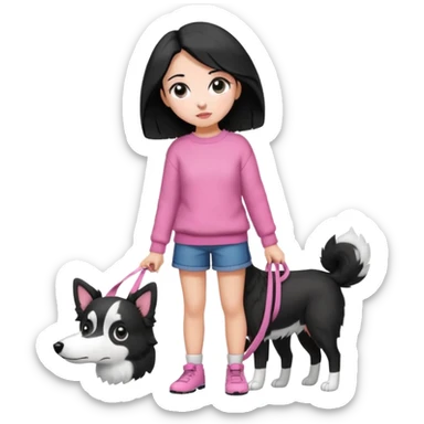 full body girl with side parted black hair shoulder length black eyes wearing pink sweater carrying black and white border collie with perked ears emoji style sticker