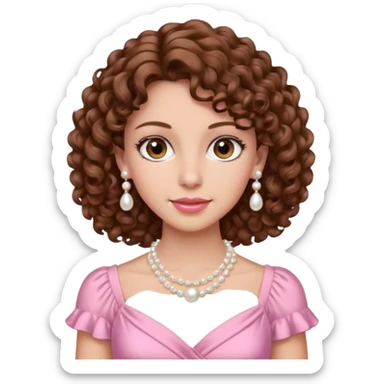 A woman with a brown curly hair and beautiful brown eyes and white skin and pink dress with pearl jewelry sticker