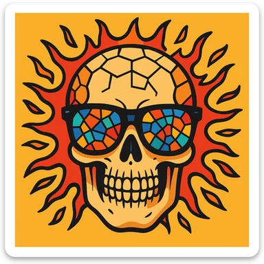 Enhance the skull with mosaic eyewear, making the head explosion more detailed and vivid in a cartoonish style with vibrant toon aesthetics. sticker