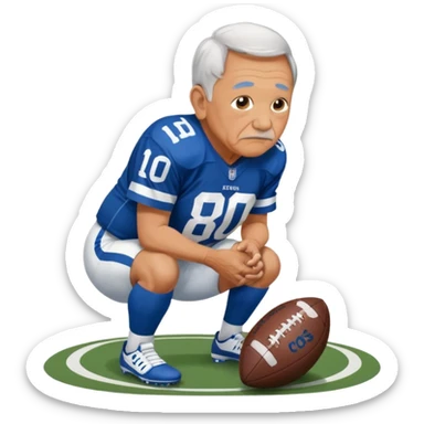A grandpa playing football wearing an Indianapolis Colts jersey is. Show him kind of crouch down to the ground, holding the football and the name rivers on the back of his jersey. sticker