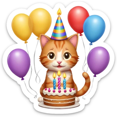 Ginger tabby kitten celebrates birthday, birthday hat, birthday cake, one candle, balloons, happy, gifts sticker