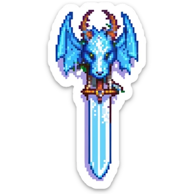 Icy sword shaped like a dragon, pixel art, shimmering snow accents, fantasy RPG weapon sticker