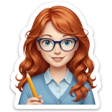 redheaded woman with very long wavy hair and bangs, blue eyes, clear cat-eye glasses, casual chic outfit, holding a pencil, smiling sticker