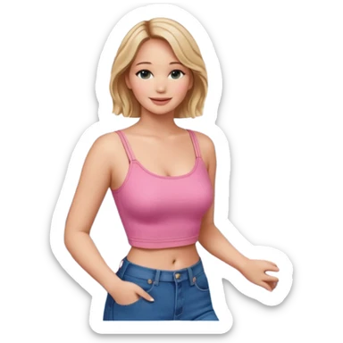 jennifer lawrence, pink crop top, and blue jeans, leaning on a balcony with a harbor and cityscape in the background, smiling sticker