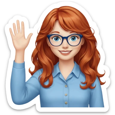 redheaded woman with very long wavy hair and bangs, blue eyes, clear cat-eye glasses, casual chic outfit, smiling, waving sticker