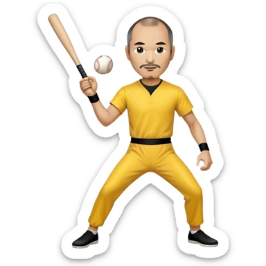 Steve Jobs wearing Bruce Lee's yellow jumpsuit, holding a baseball bat and ball sticker