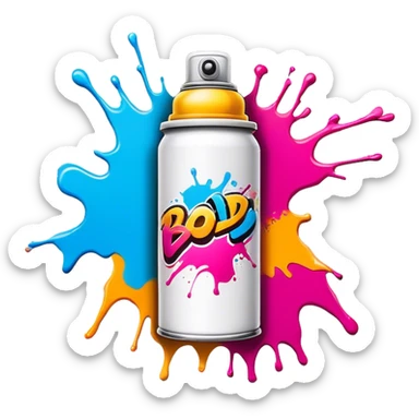 Graffiti icon, spray paint can, brick wall with graffiti artwork and bold text, colorful spray paint splashes, urban style, vibrant colors, minimalistic design, clean lines, transparent background. sticker