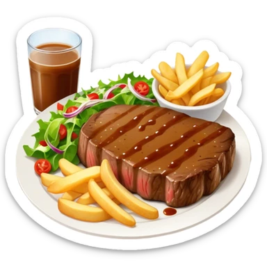 big juicy australian steak meal featuring chips, small salad in a ramiken and gravy  sticker