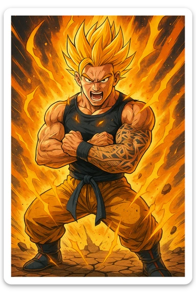 a strong, athletic man in training gear channels a burst of golden energy from his body, his muscles flexed and veins visible. His hair stands up in wild spikes, and his expression is fierce and focused. The aura around him pulses with power, and the ground beneath his feet cracks from the force. The style is bold and colorful, inspired by classic shonen anime. sticker