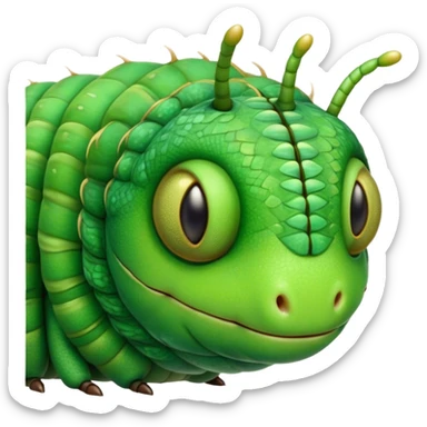 Cinematic Realistic Noble Caterpillar Portrait Emoji, Poised and serene, with a slender, segmented body covered in vivid, detailed green scales accented by subtle natural patterns, and a tiny, focused face with delicate, inquisitive eyes, rendered with lifelike texture and soft natural lighting, high shine, intelligent and delicate, styled with an air of woodland elegance, focused and attentive, soft glowing outline, capturing the essence of a watchful and confident looper caterpillar that appears ready to inch gracefully out of the screen with natural authority! sticker