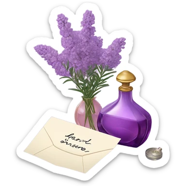 Aesthetic still life of soft violet mimosa flowers, a vintage-style pink perfume bottle, and a lavender love note delicately placed in an envelope.
 sticker