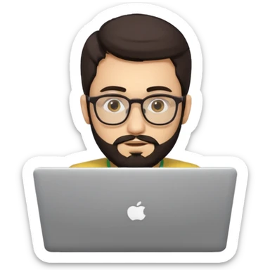 23 year old Azerbaijani man with very dark brown hair and beard with glasses and laptop , light yellow skin face sticker