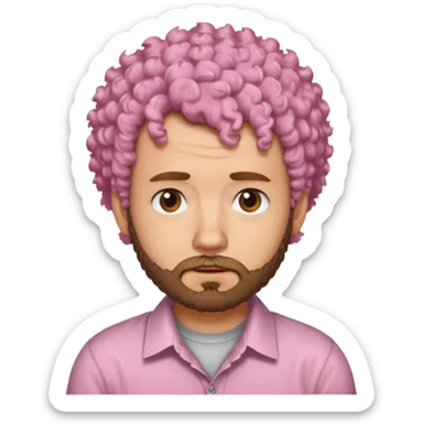 A light-skinned man with short fluffy pink curls and a neatly trimmed brown beard, with a slightly uneasy expression. sticker