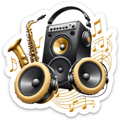 Icon for R&B Music Listening: large concert speakers and headphones with waves of musical notes coming out, along with drums, bass guitar and saxophone. The icon should convey the energetic and rhythmic vibe of R&B music. Transparent background sticker