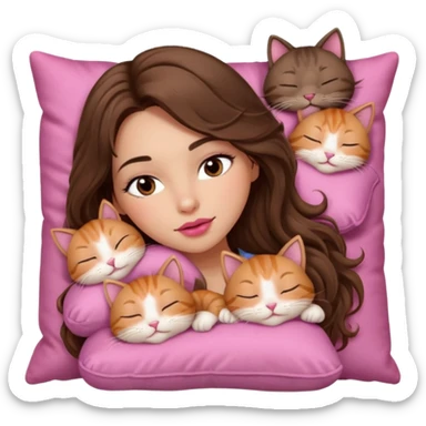 girl with long wavy brown hair, brown eyes, long lashes makeup, sexy pink lips, light to medium complexion, sleeping on a cozy pillow, with 6 cute cats, sleeping sticker