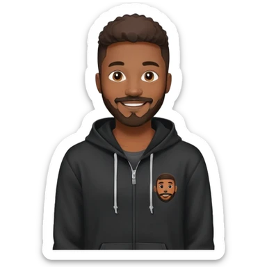 African yound man in his late 20s with a bright smile with a full short boxed beard and moutache , and a low cut hair, black hoody sticker