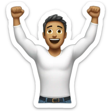 torso of excited man with arms raised above head sticker