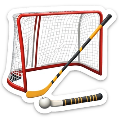 A ball and hockey stick resting on an ice rink, with the goalposts and clear markings in the background. The scene captures the unique nature of field hockey with a ball on ice, emphasizing the speed and precision of the sport in a cold, competitive atmosphere. sticker