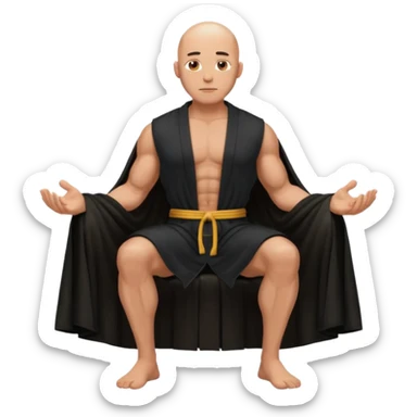 fullbody jacked bald guy, sleeveless and unbuttoned in black robe sitting sticker
