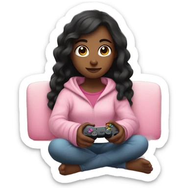girl with dark hair wrapped up in a blanket sitting on a couch with a pink gaming controller in her hands sticker