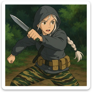 1 female, mid-20's  white hair long braid, gold yellow eyes, gray rainproof hoodie, hood up, single point sling, tan mag pouches on belt rig, tiger stripe camo pants, holding a combat blade, striking, swing sticker