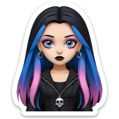 goth bratz baddie, beautiful blue eyes, gothic black makeup, long straight black-pink hair, black gothic hair styled, black goth clothes sticker