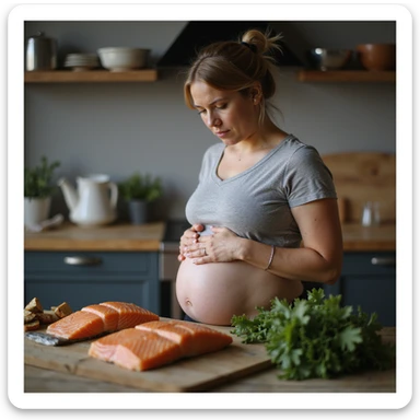 realistic pregnant woman in 4K cooking at home, setting aside raw salmon and choosing well-cooked fish, protective expression towards belly sticker