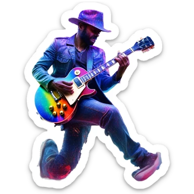 . Double exposure with a full body closeup of a manly man playing a red Gibson Les Paul electric guitar. bright contrast. lithium. neon rainbow drip effect. movements and realistic render. sticker