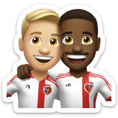 smiling boy with mustache indoors celebrating a goal with didier drogba sticker