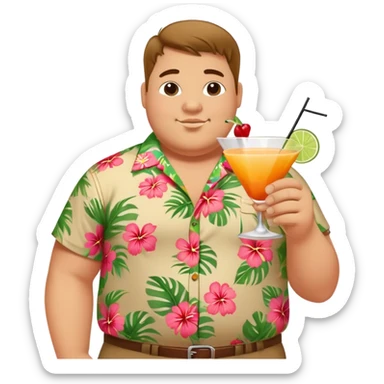 chubby guy full figure in a flowered hawai shirt holding a cocktail sticker