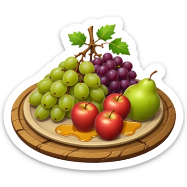 medieval fruit platter object icon, grapes apples pears, rustic plate, small honey drizzle, cozy medieval vibe, 3D cartoon, mobile game icon style, clean background, no text, no watermark
 sticker