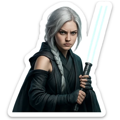  a closeup portrait of young woman with gold yellow eyes, white hair, long braid, black off-shoulder top, punk gothic style, futuristic cyberwave cyberpunk,  jedi attire and posture robes of a padawan, foreweilding a bright blue-green lightsaber, angry fierce face expression, power stance, 30-90 sticker