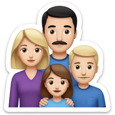 Mom with brown hair. Dad with black hair and mustache. 1 son with blonde hair. 1 son with blonde hair. 1 daughter with blonde hair. sticker